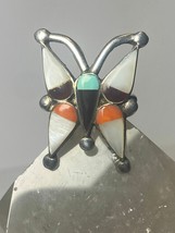 Butterfly ring turquoise Zuni mother of pearl coral onyx southwest sterling silv - £75.17 GBP