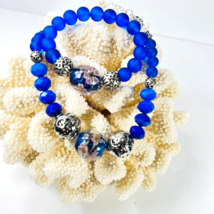 Chunky Crystal Necklace Bracelet Set Czech Glass Boho Frosted Blue Silvertone - £31.59 GBP