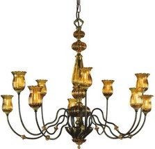 Chandelier ALBA 10-Light Gold Leaf Silver Wrought Iron Wood Details Mouth-Blown - £1,829.72 GBP