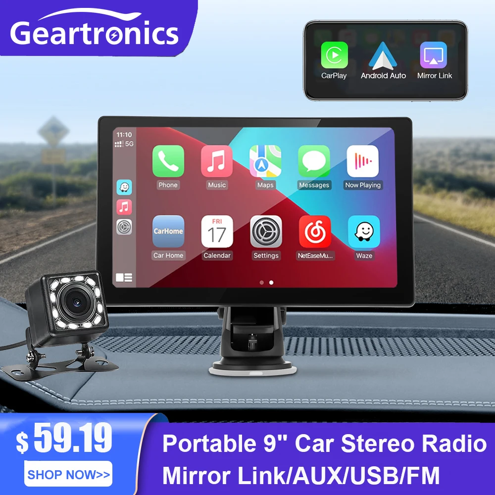 Portable 9&#39;&#39; Car Mirror Carplay auto Android Touch Screen Car Multimedia Player - £81.58 GBP+