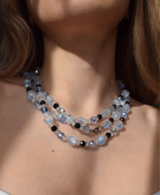 VINTAGE CRYSTAL BEADS BLUE 3 ROW STRING CHOKER NECKLACE - $704.55 MXN