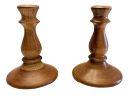 Candle Stick Holders 2 Wood Turned Handcrafted Signed &amp; Dated 1979 6 Inch Hi Vtg - £53.51 GBP