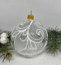 Transparent with silver and white glitter glass ball Christmas ornament,XMAS - £10.08 GBP