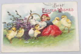 Antique 1910 Embossed Best Easter Wishes Girl w/ Chicks Hatchlings Postcard - $9.49