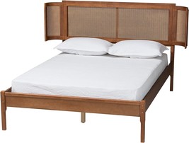 Walnut Brown Finished Wood And Natural Rattan Queen Size Platform Bed By Baxton - £295.37 GBP