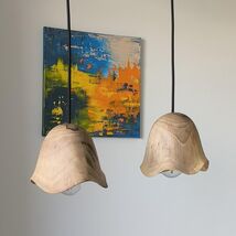 Set of 2 Handcrafted Walnut Wood Pendant Light, Modern Wavy Lampshade - $99.00