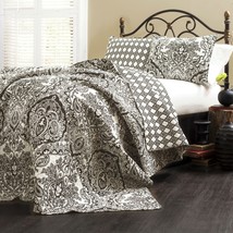King size 3-Piece Cotton Quilt Set in Black White Paisley Damask - £146.45 GBP
