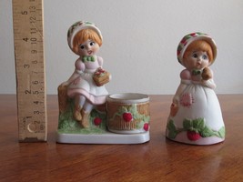 Strawberry Patches Jasco 1980 Bisque Bell-Girl holding Baby Bird + Votive Holder - £11.39 GBP