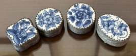 4 Vintage Chinese Trinket Jewelry Box Round White Porcelain Blue Floral ... - $1,898.02 MXN