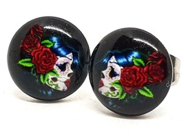 Skull Rose Girl Stud Earrings Edgy Sugar Skull Unisex Mexico Tattoo 10mm Uk Pair - £3.85 GBP