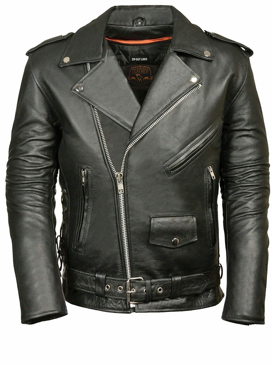 Mens Leather Side Lace Police Style Motorcycle Jacket(XS-11XL) - $119.99
