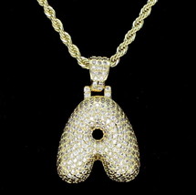 Bubble Letter A to Z Alphabet Cz Iced Pendant 14k Gold Plated + Rope Necklace - £7.98 GBP