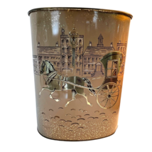 Harvell Kilgore USA Tin Metal Trash Can Trashcan Brown Gold Horse Buggy ... - £22.33 GBP