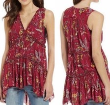 Free People Red Floral Print Tunic Mini Dress Lovely Day V-Neck Tassels ... - £24.08 GBP