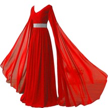 V Neck Long Sleeves Chiffon Formal Prom Vintage Evening Dresses Plus Size Red US - £111.72 GBP