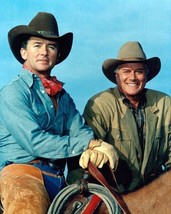 Dallas Patrick Duffy &amp; Larry Hagman in the saddle Bobby &amp; J.R. 8x10 inch photo - $10.99