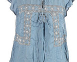 old Navy Sz Large Blue Cotton Chambray Flutter Sleeve Embroidered Blouse - £23.17 GBP