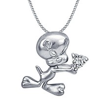 14K White Gold Plated Tweety Bird Heart Real Moissanite Pendant Chain Necklace - £89.67 GBP
