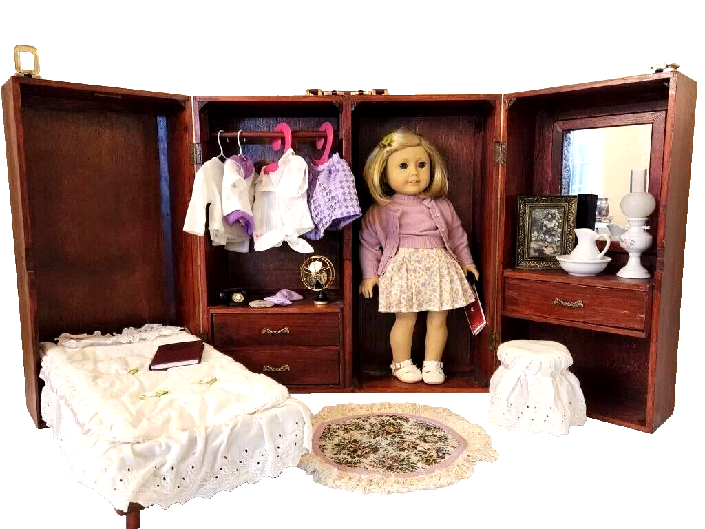 American Girl Kitt Kittredge w Custom Boudoir Wood Case - Bedding Clothes Decor - $395.95