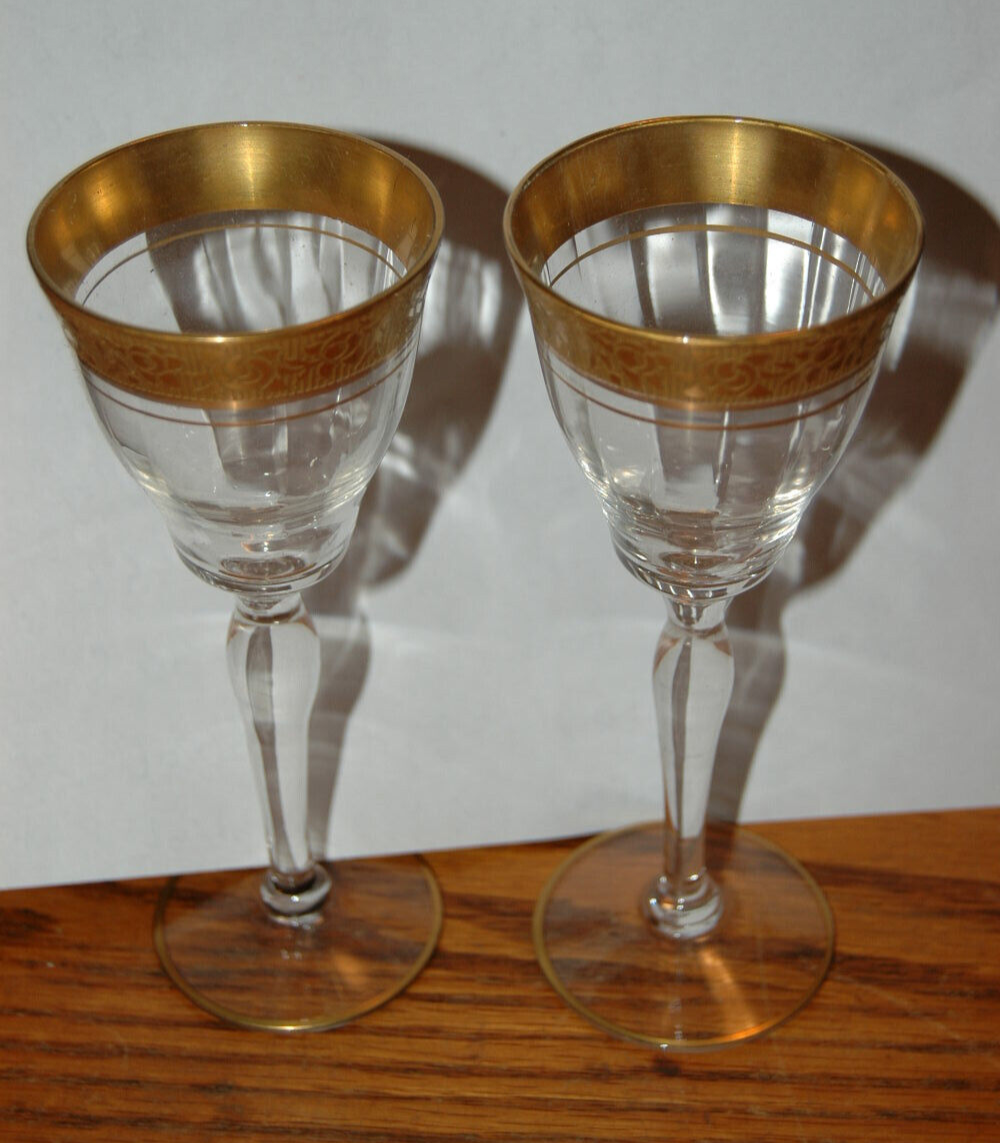 Lot  2 Tiffin? Minton? Sherry Port Gold Rim Goblets Glasses Vintage Rose... - $34.99