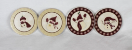 Snowman Coaster Set, 4 piece Stoneware, Drink, Cork Backing, Hat, Scarf, Red - $8.56