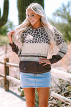 Brown Leopard Color Block Crewneck Long Sleeve Top - $13.27