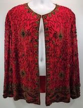 L) Vintage Papell Boutique Evening Silk Heavy Beaded Blouse Top Red Large - £23.80 GBP
