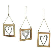 Set of 3 Wood Framed Open Work Metal Heart Wall Hangings with Rope Hangers - £28.73 GBP