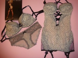 Victoria&#39;s Secret 32C Bra Set+Garter Slip Corset Scandalous Ivory Black Fishnet - £95.69 GBP