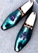 Pretty Nice Atoll Green Patina Precise Leather Men Tassel Loafer Wedding Shoes - £102.14 GBP