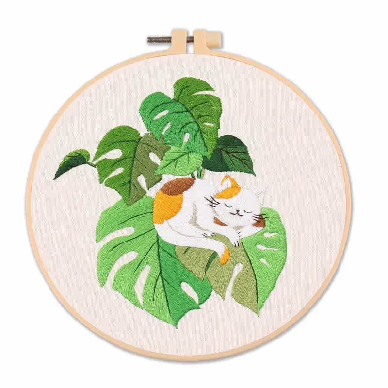 Cat Embroidery Kit For Beginner floral Modern Plant Hand with Pattern -n... - €6,48 EUR