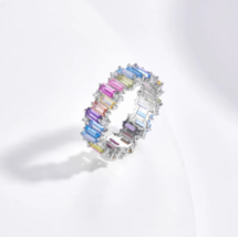 Platinum 925 Sterling Silver Rainbow Zircon Emerald Cut Ring - $59.99