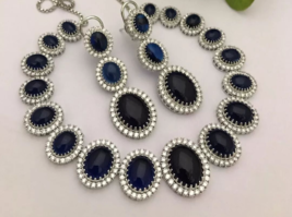 Indian 925 Sterling Silver Plated Blue Sapphire CZ Choker Necklace Jewelry Set - £143.12 GBP