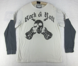 Rock &amp; Roll Mens T-Shirt (M) White 100% Cotton Skull Guitars Long Thermal Sleeve - £13.49 GBP