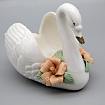 Porcelain White Swan Applied Delicate Flowers Trinket Dish Planter 5 inch VTG - £11.89 GBP