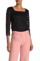 Nanette Lepore L Black Lace Square-Neck Scallop Hem Top 3/4 Sleeve NEW N... - $29.00