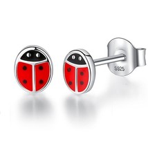 Spring Cute 925 Sterling Silver Exquisite Earrings Heart Red Ladybug Stud Earrin - £16.19 GBP