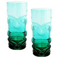 (2-Pk) Tiki Cocktail Glass 15 oz, Teal, Exotic Zombie Face South-Sea Hawaii Luau - £11.88 GBP