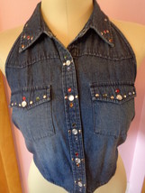 Route 66 Womens Blue Jean Halter Top M Snap Front Tie Back Studs Rhinest... - £11.84 GBP