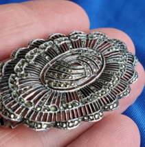 Vintage Art Deco Sterling Silver 925 Diamond Cut Marcasite Large Pin Brooch - $327.75