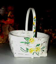 BASKET white w/3 yellow resin? roses 1 side painted details 11X11.5X8" (... - $3.00