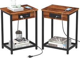 Nightstand Set Of 2 With Charging Station And Usb Ports 2-Tier Side End Table - £62.33 GBP