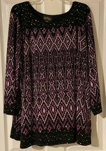 Bob Mackie Long Sleeve Sparkle Placement Print Knit Top Orchid Large Hol... - $29.00