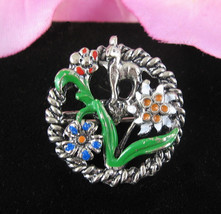Vintage EDELWEISS Flower &amp; DEER PIN Enamel Floral Silvertone Brooch Round - $20.78