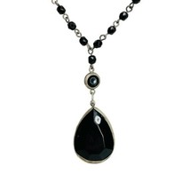 Robert Rose Necklace Silver Tone Black Glass Teardrop Pendant Rosary Cha... - $14.01