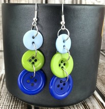 Blue Green Button Long Dangle Earrings Handmade Triple Different Sizes - £15.97 GBP