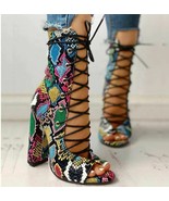Ladies Lace Up Multicolor Snake Skin High Heel Sandals Shoes Boots 5.5-9.5 - £49.52 GBP