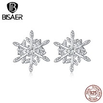 BISAER Romantic Snowflakes Earrings Real 925 Silver CZ Small Stud Earrings For W - £17.05 GBP