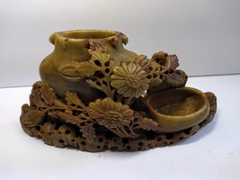 Vintage Antique Chinese Soapstone Leaves Flowers Vase Carving Sculpture Vase Pot - £112.96 GBP