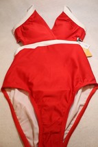 Women&#39;s Contrast Trim Halter One Piece Swimsuit -Kona Sol - Red/White - ... - $5.94